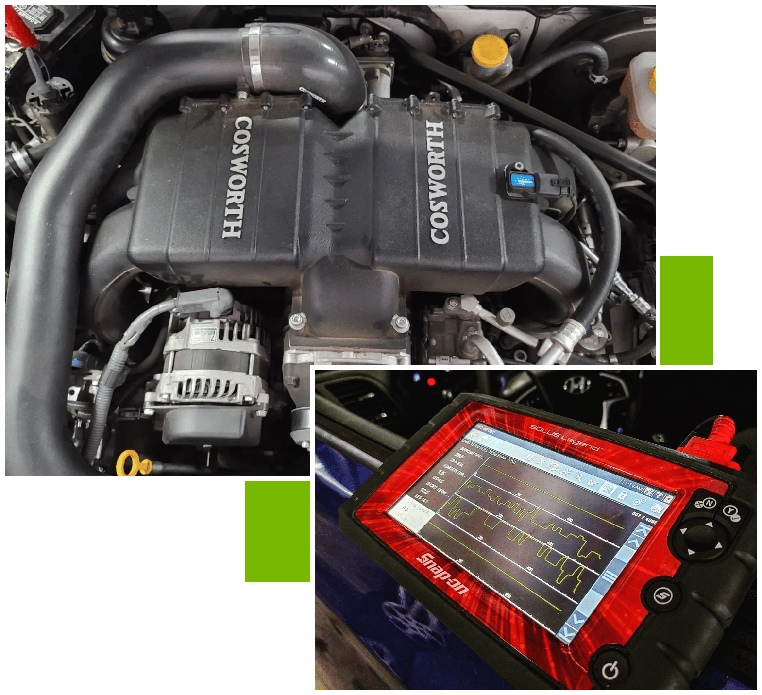 On top, image of a Cosworth engine. At bottom right, image of a scanner for vehicle diagnostics. Concept image of auto repair, engine repair, & diagnostic servcies at Brittni's Automotive.
