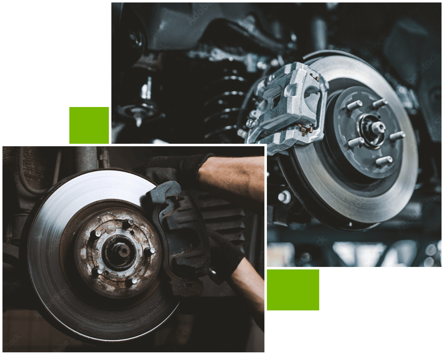 Two images of bare brakes. At the front image, image of a mechanic's hand at the act of repairing a car brake. At the back image is a brake showing components like rotor, pads, and calipers. Concept image of brake repair at Brittni's Automotive.