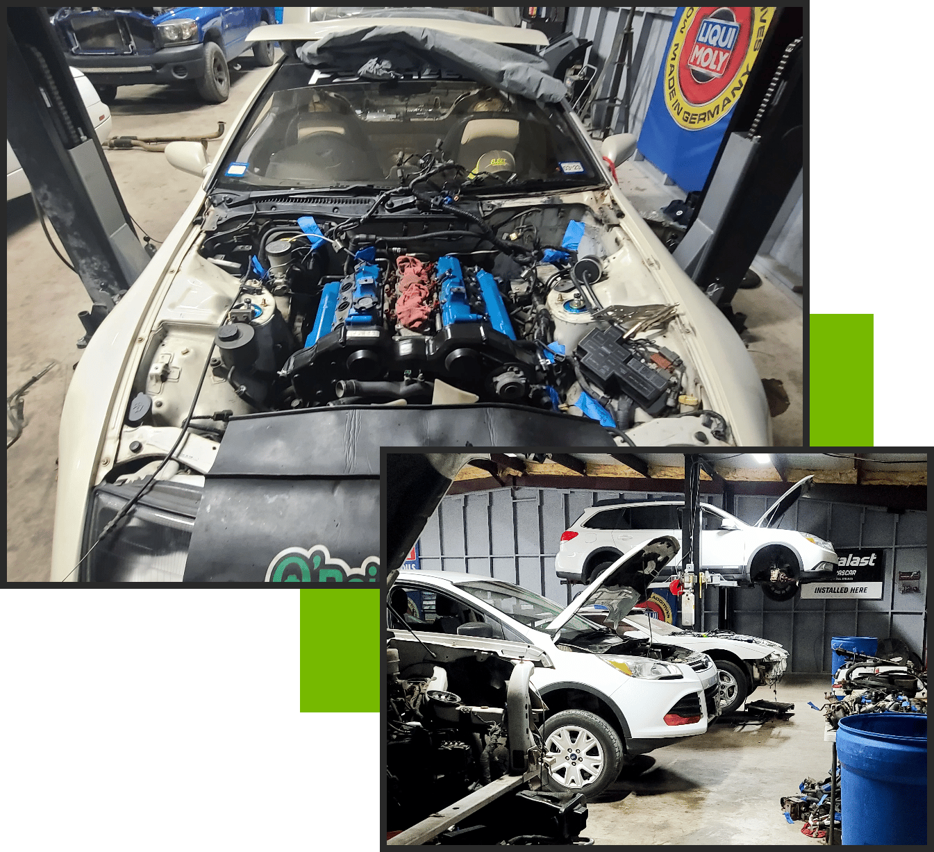 Top, image of an exposed engine and other parts of a white car in Brittni's Automotive shop. At bottom right, an image of a row of white cars for auto repair inside the shop. Concept images of auto repair at Brittni's Automotive.