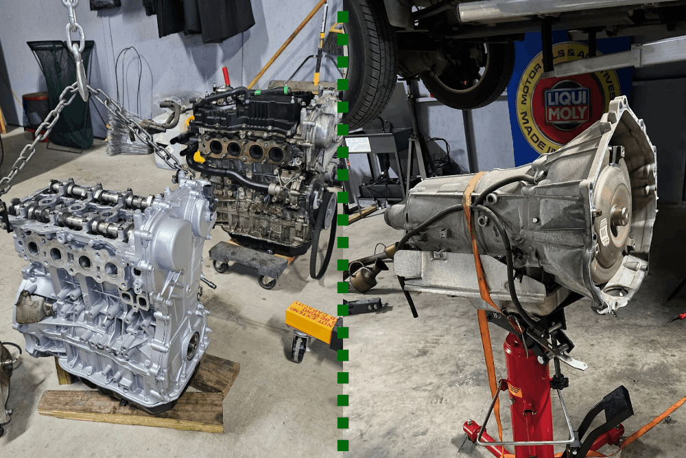 Engine and transmission replacement, auto repair in Haslet, TX at Brittni's Automotive Repair. Image of removed engines and a transmission prepared for automotive service.